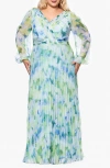Betsy & Adam Plus Size Floral Pleated Split-sleeve Gown In Blue Multi