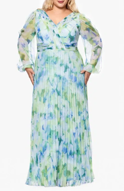 Betsy & Adam Plus Size Floral Pleated Split-sleeve Gown In Blue Multi