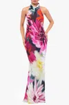 Betsy & Adam Floral Halter Gown In Pink