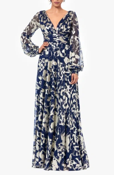 Betsy & Adam Floral Metallic Long Sleeve A-line Gown In Blue