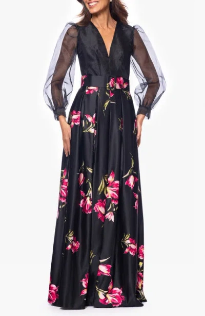 Betsy & Adam Floral Mixed Media Long Sleeve A-line Gown In Black