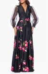 Betsy & Adam Floral Mixed Media Long Sleeve A-line Gown In Black/pink
