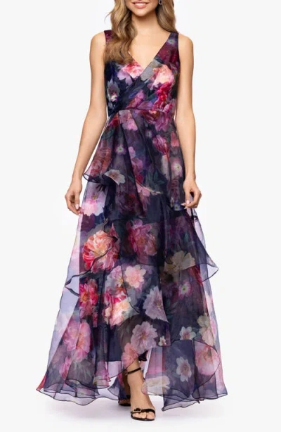 Betsy & Adam Floral Organza Gown In Blue