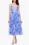 Betsy & Adam Floral Print Corset Bodice Pleated Tulle Midi Cocktail Dress In Midi Tulle Corset Dress