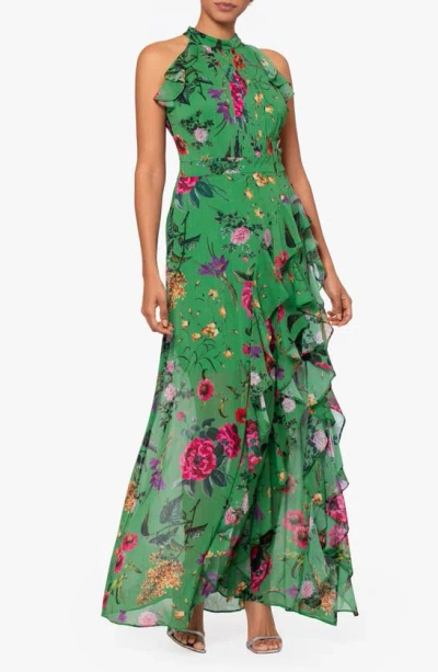 BETSY & ADAM FLORAL PRINT METALLIC RUFFLE CHIFFON GOWN