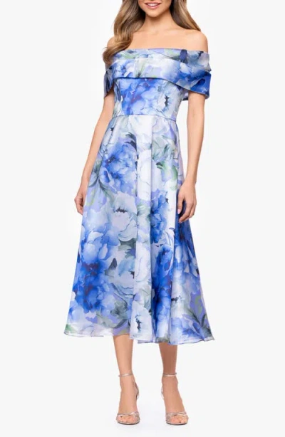 Betsy & Adam Floral Print Organza Party Dress In Blue