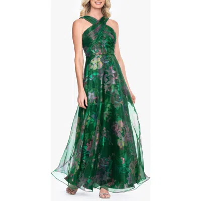 Betsy & Adam Floral Print Organza Sleeveless Gown In Green