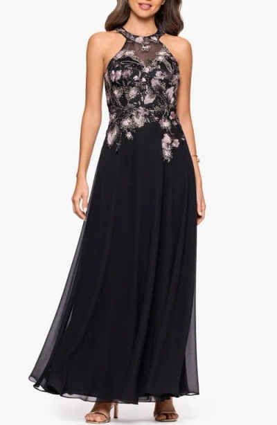 Betsy & Adam Floral Sequin Embroidered Gown In Black
