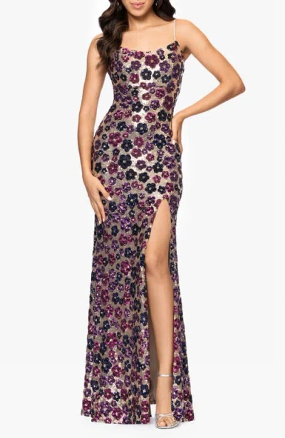 Betsy & Adam Floral Sequin Gown In Plum