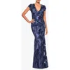 Betsy & Adam Flower Embroidered Cap Sleeve Gown In Blue