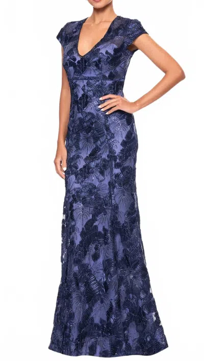 Betsy & Adam Flower Embroidered Cap Sleeve Gown In Navy In Blue