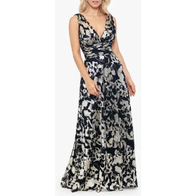 Betsy & Adam "maria" Long Foil V-neck Floor Length Dress In Multi