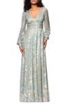 Betsy & Adam Metallic Jacquard Long Sleeve Gown In Green