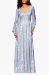 Betsy & Adam Foil Pattern Long Sleeve Gown In Blue
