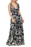 Betsy & Adam Foil Deep V-neck Sleeveless Gown In Navy/ Gold