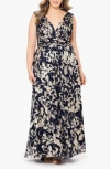 Betsy & Adam Plus Size Metallic-print Gown In Navy/ Gold