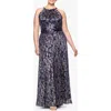 Betsy & Adam Plus Size Metallic Floral Print Sleeveless Gown