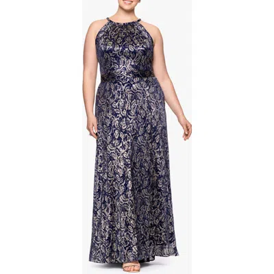 BETSY & ADAM BETSY & ADAM FOIL SLEEVELESS GOWN