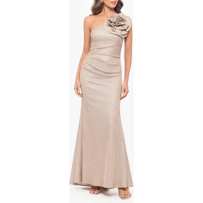 Betsy & Adam Galaxy Flower One-shoulder Gown In White,pink,gold