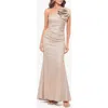 Betsy & Adam Galaxy Flower One-shoulder Gown In White/pink/gold