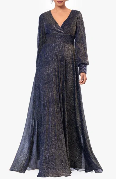 Betsy & Adam Galaxy Foil Long Sleeve Gown In Navy/ Gold