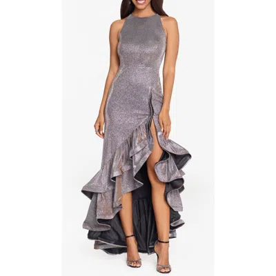 Betsy & Adam Galaxy Glitter Ruffle High-low Cocktail Dress In Gray