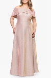 Betsy & Adam Plus Size Metallic Off-the-shoulder Gown In Pink