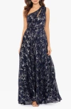 Betsy & Adam Galaxy Metallic One-shoulder Gown In Blue