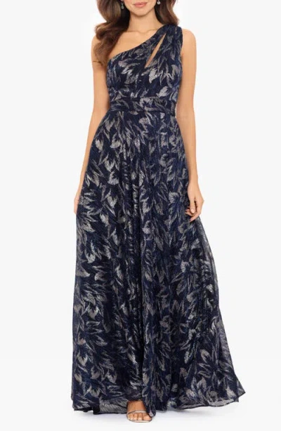 Betsy & Adam Galaxy Metallic One-shoulder Gown In Blue