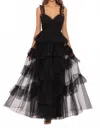 Betsy & Adam Gigi Long Ruffle Mesh Dress In Black In Black