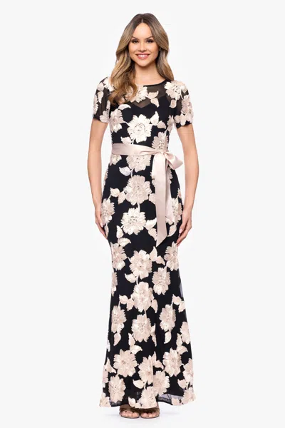 Betsy & Adam "giselle" Soutache Mesh Short Sleeve Floor Length Dress In Multi
