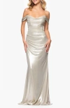 Betsy & Adam Women's Glitter Knit Off-the-shoulder Gown In Champagne