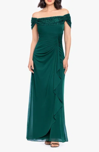 Betsy & Adam Glitter Lace Off The Shoulder Gown In Green
