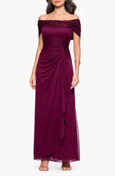 Betsy & Adam Glitter Lace Off The Shoulder Gown In Red
