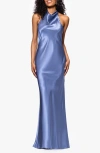 Betsy & Adam Halter Charmeuse Gown In Blue