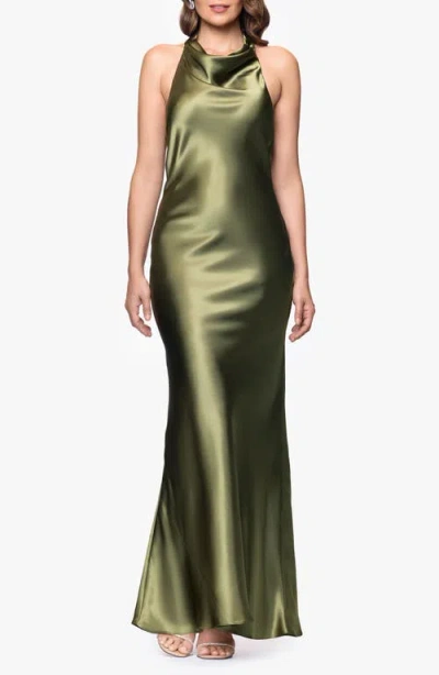 Betsy & Adam Halter Charmeuse Gown In Green