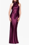 Betsy & Adam Halter Charmeuse Gown In Purple