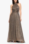 Betsy & Adam Halter Neck Sleeveless Crinkled Metallic A-line Gown In Multi