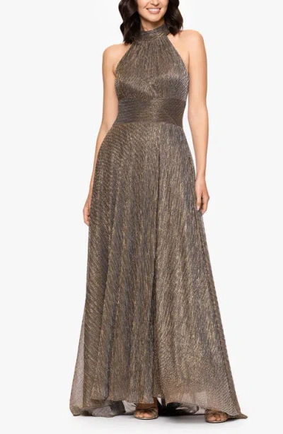 Betsy & Adam Halter Neck Sleeveless Crinkled Metallic A-line Gown In Multi