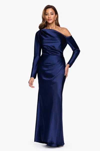 Betsy & Adam "hayden" Satin Off The Shoulder Long Sleeve Dress In Blue