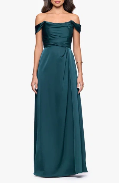Betsy & Adam Heather Off The Shoulder Satin Gown In Green