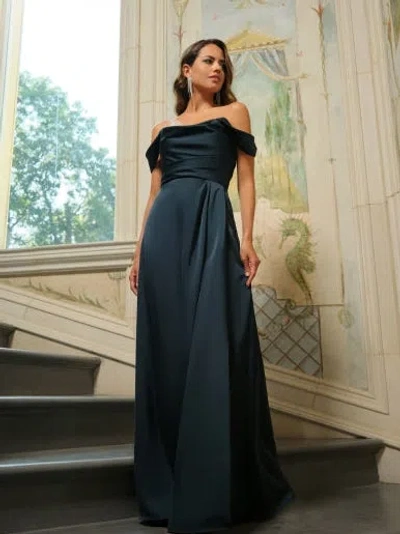 Betsy & Adam "heather" Satin Off The Shoulder Floor Length Dress In Green