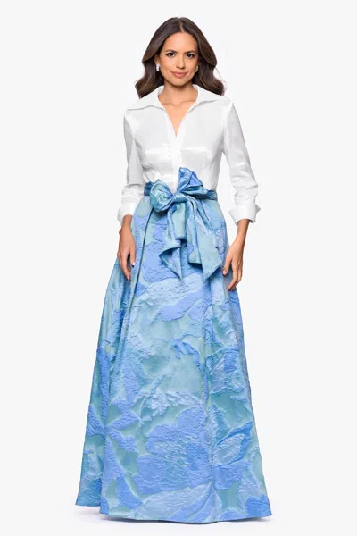 Betsy & Adam "iyanna" Taffeta And Brocade Bow Floor Length Dress In Blue