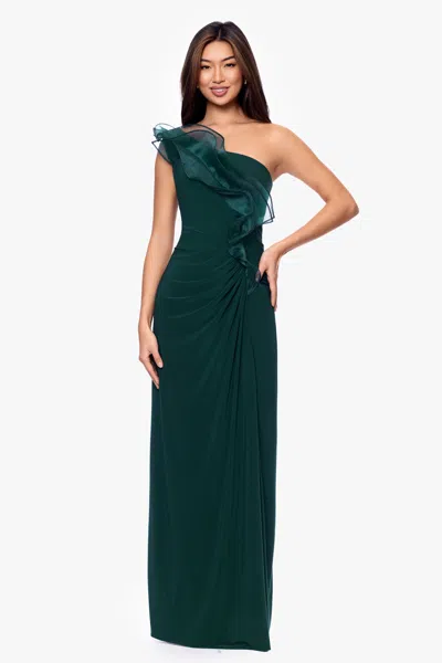 Betsy & Adam "jade" Jersey Knit One Shoulder Organza Ruffle Dress In Green