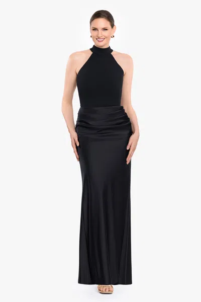 Betsy & Adam "jamie" Double Satin Mock Neck Long Dress In Black