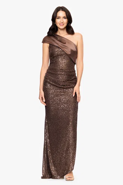 Betsy & Adam "jillian" Sequin One Shoulder Satin Neckline Floor Length Dress In Brown