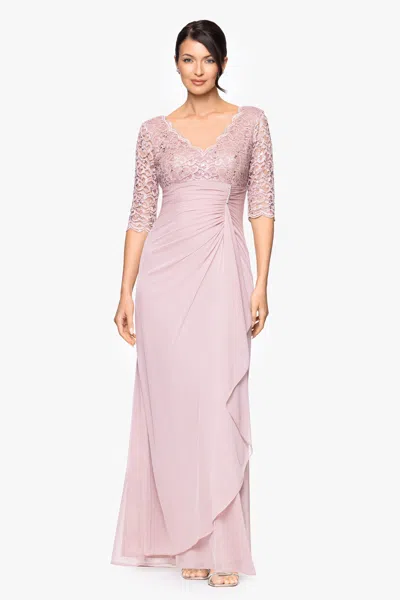 Betsy & Adam "johanna" 3/4 Sleeve Sheer Matte Jersey Long Dress In Pink