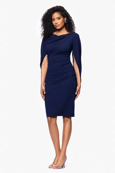 Betsy & Adam "jordan" Short Scuba Crepe Draped Back Dress In Blue