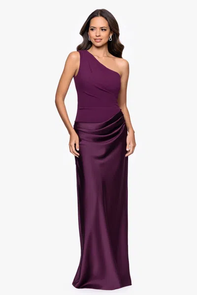 Betsy & Adam Scuba Crepe And Satin One Shoulder Floor Length Dress In Plum In Purple