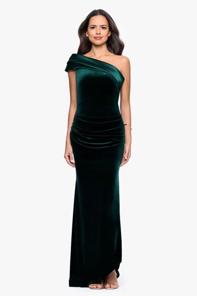 Betsy & Adam "joyce" Velvet Drop Shoulder Satin Banded Neckline Floor Length Dress In Green